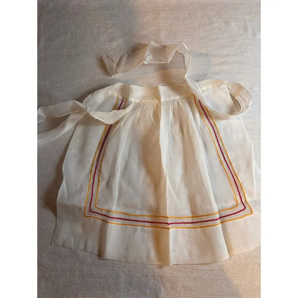 Vintage 1950s Hostess Half Apron Sheer Housewife Bow Ribbon RED YELLOW RICKRACK!